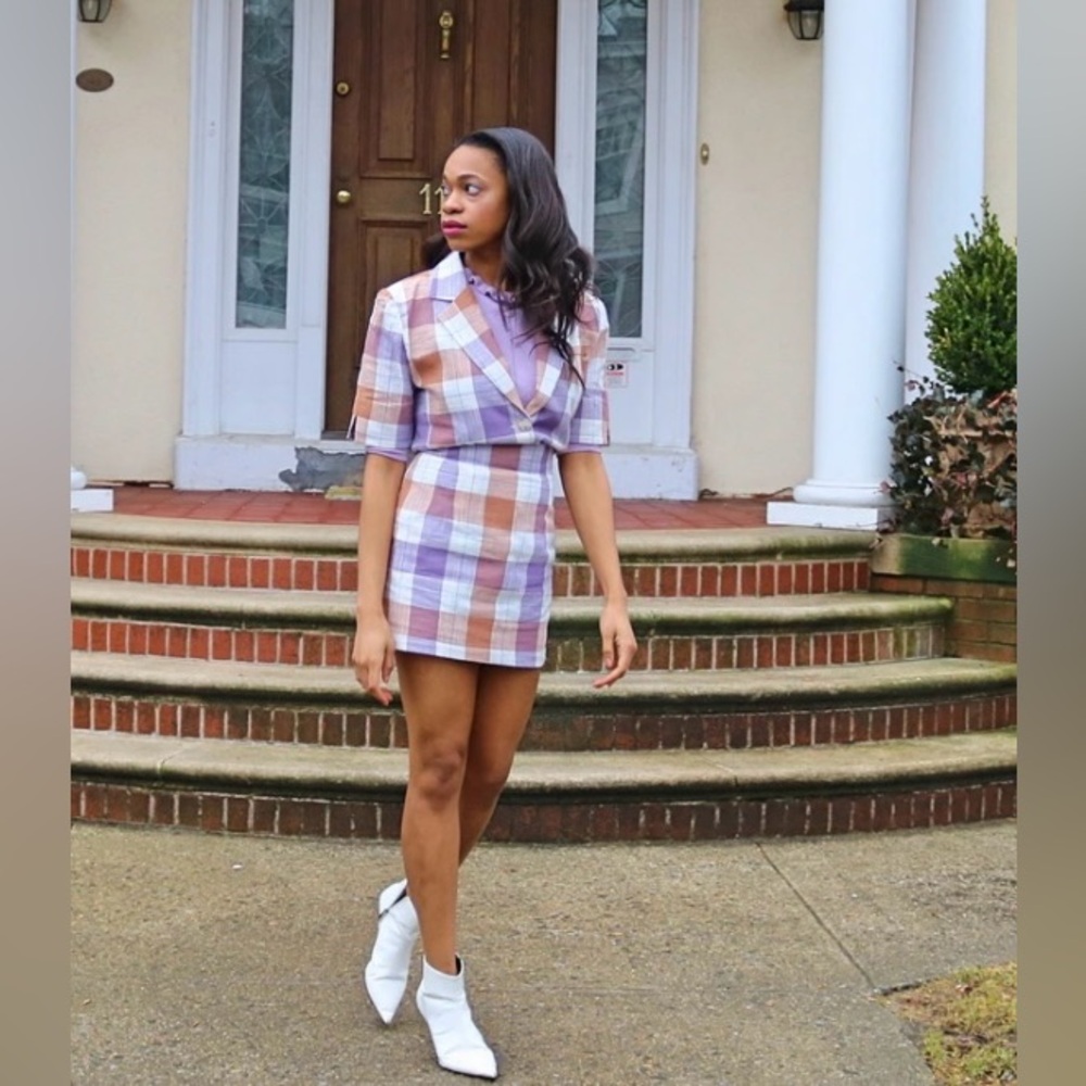 Storets Checkered Mini Skirt + Short Sleeve Blazer in Purple, White and Bronze